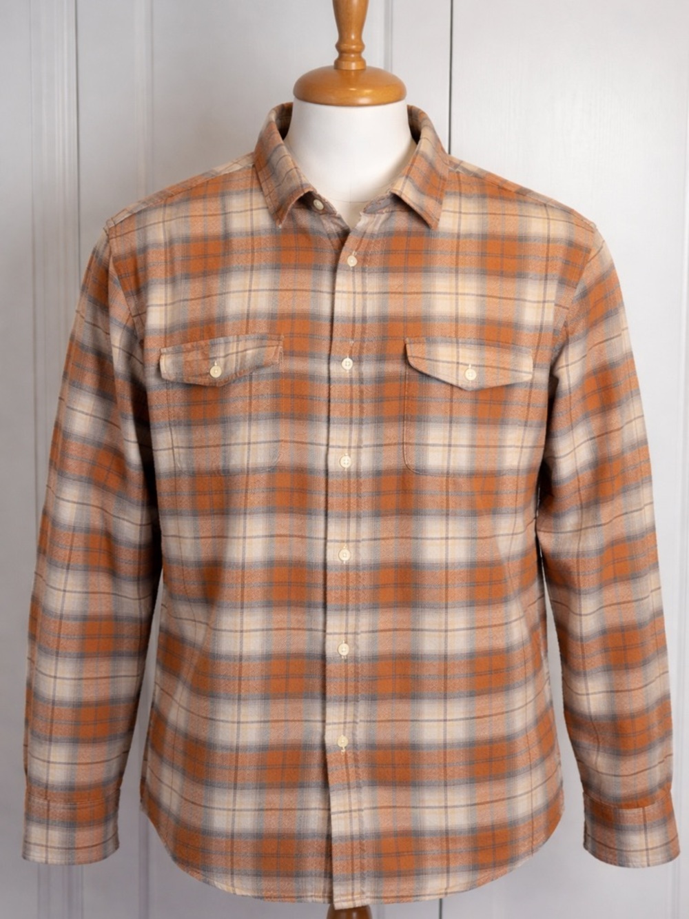 American Eagle Outfitters Orange and Cream Plaid Button-Down Shirt